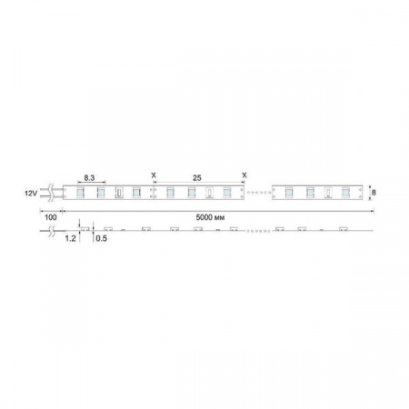 Лента светодиодная 9,6W 120 д/м 12V IP20 2835/22520 нейтральный свет открытая (бухта по 5м)